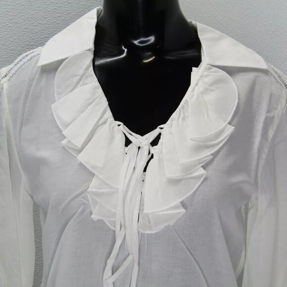 NEW ANNE FONTAINE Blouse White Size 4-6 Euskal Long Sleeve Ruffled Neck Tie - Picture 6 of 8